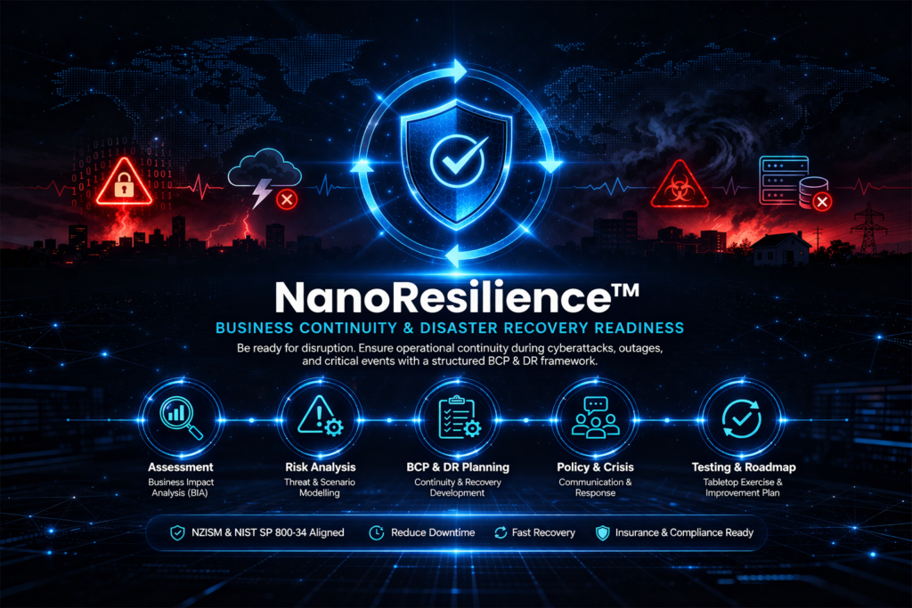 NanoResilience™ business continuity and disaster recovery infographic showing risk mitigation, BCP planning, and operational recovery workflow for New Zealand SMBs.