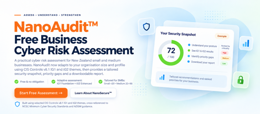 NanoAudit™ Free Business Cyber Risk Assessment – adaptive CIS Controls v8.1 IG1 and IG2 assessment for New Zealand small and medium businesses.
